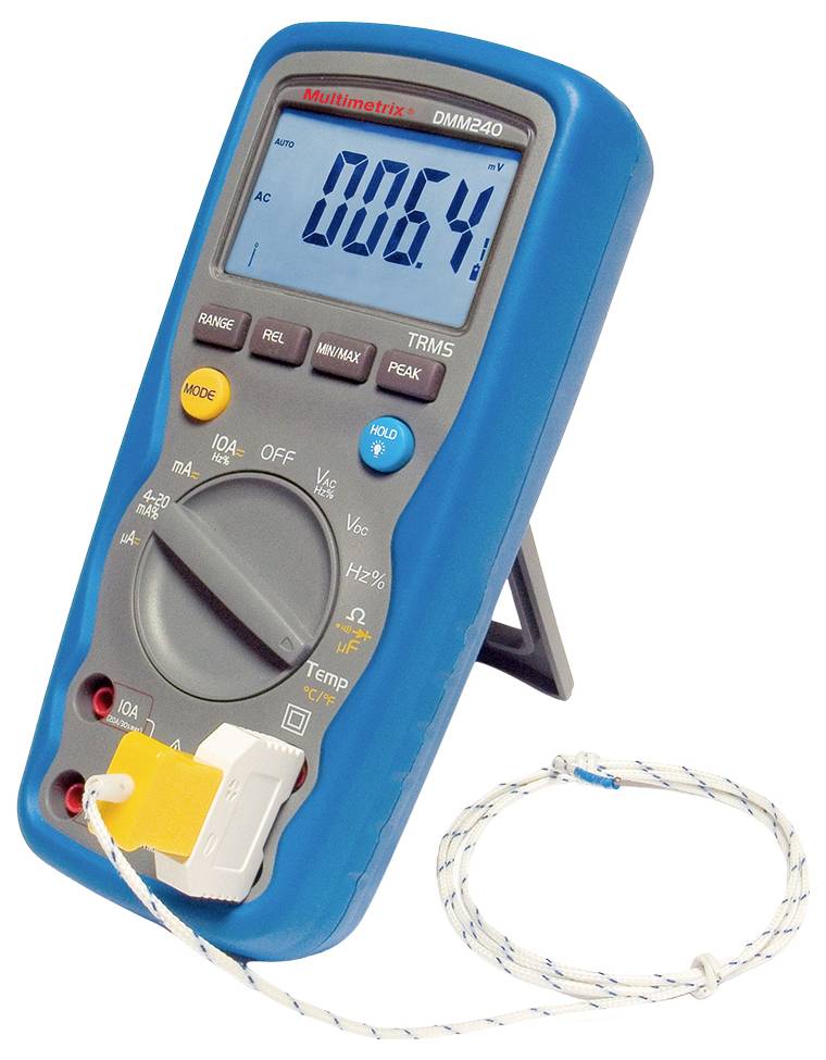 Digitalni multimetar u plavoj boji prikazuje vrijednost 0,064 na zaslonu. Mjerni kabel je priključen.