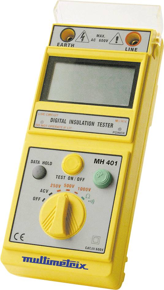 Žuti digitalni mjerni uređaj za izolaciju s displejom, tipkama za odabir napona i 'TEST ON/OFF' tipkom. Model: MH 401.