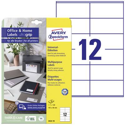 Naljepnice 'Office & Home Labels Ultragip', 12 naljepnica po listu za pisač, pogodne za višestruku upotrebu, s plavo-bijelim izgledom.