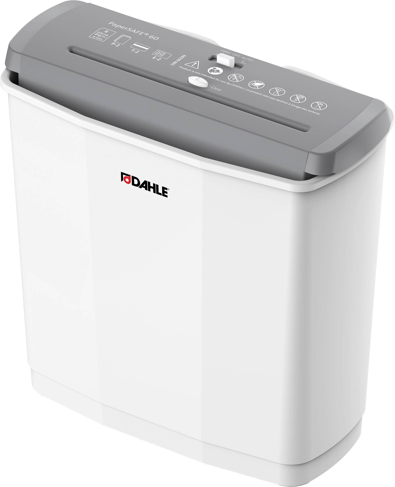 'Papir uređaj za uništavanje dokumenata Dahle, model: PaperSAFE® 60. Bijelo kućište, sivi poklopac sa simbolima za upute za upotrebu.'