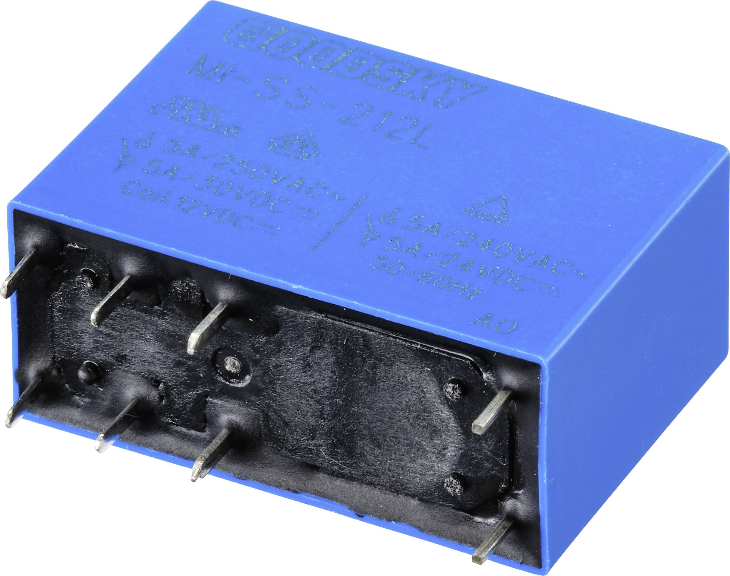Plavi električni relej s više metalnih pinova na donjoj strani. Natpis na gornjoj strani: 'FUDESKY MT-55-212L'.