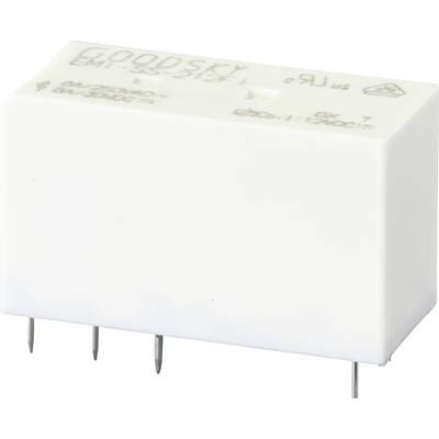 Pravokutni, bijeli elektronički element s više metalnih priključaka na jednoj strani, korišten u elektroničkim sklopovima.