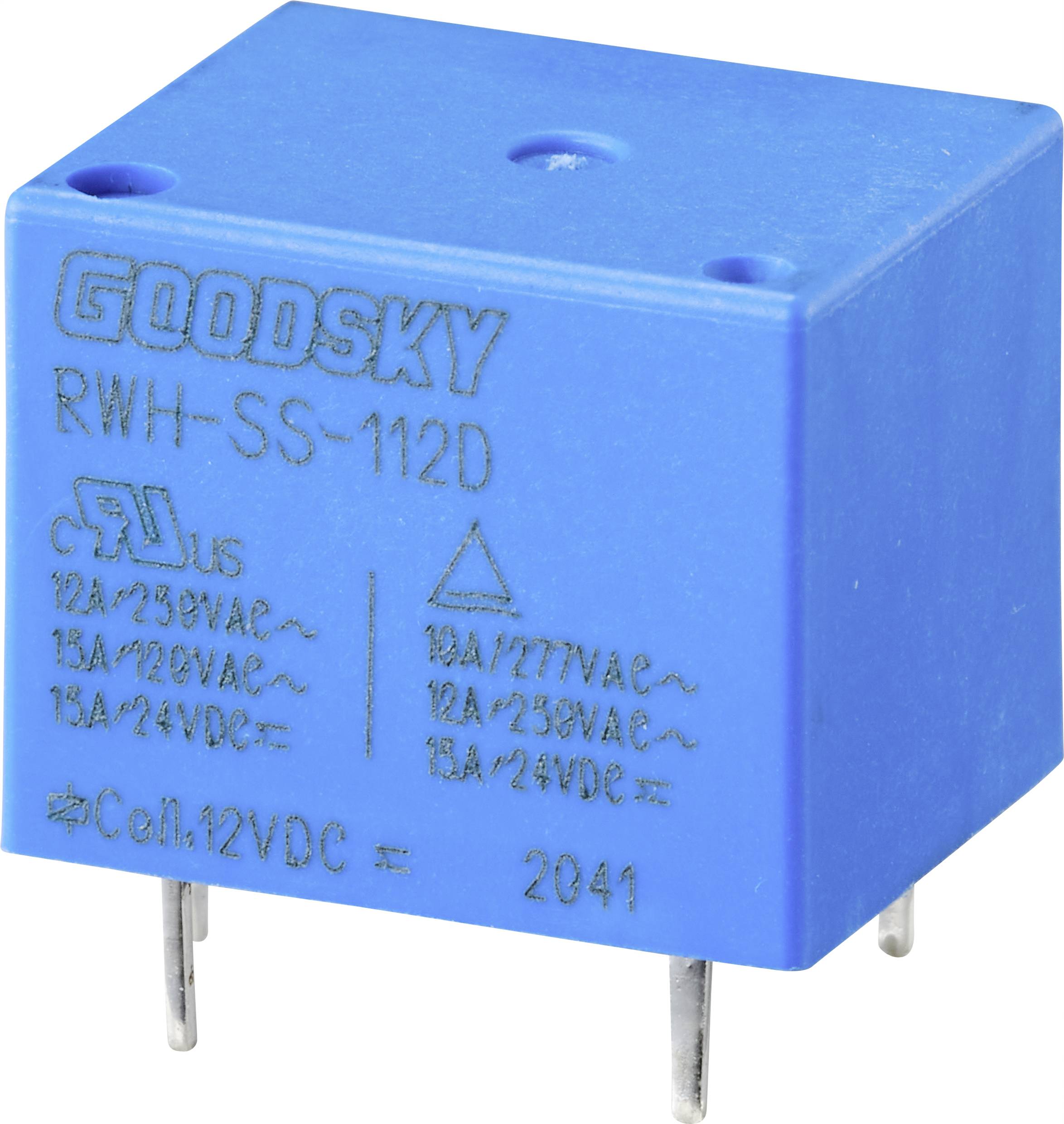 Plavi relej s natpisom 'GOODSKY RWH-SS-112D', specificiran za 12A do 277VAC i 12VDC, koji stoji na srebrnim priključcima.