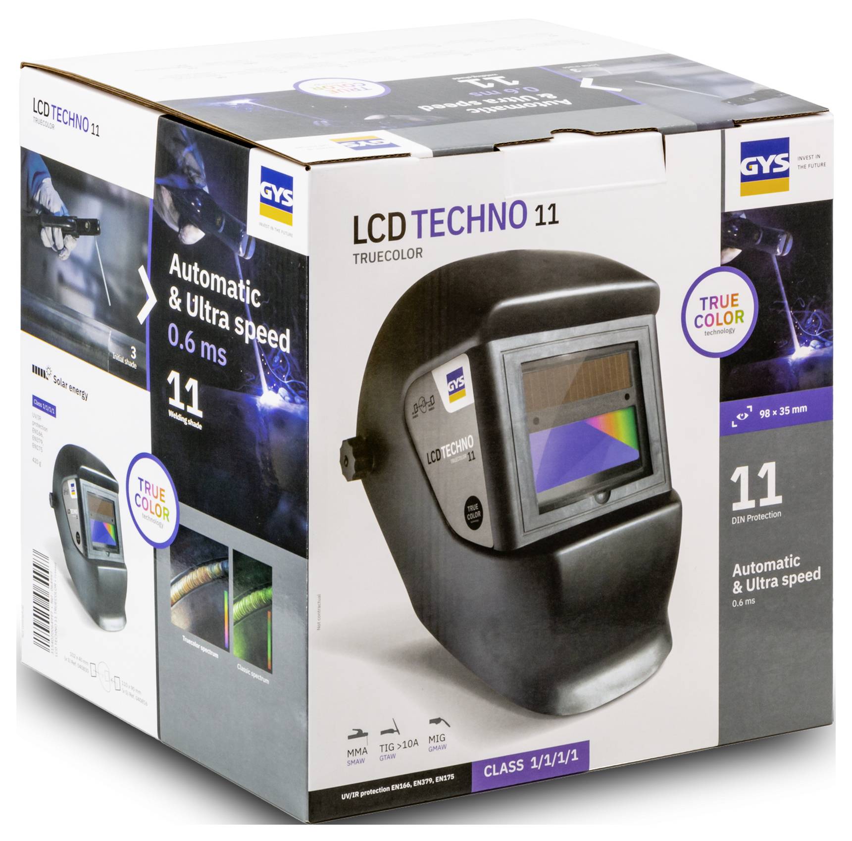 Kutija proizvoda za GYS LCD TECHNO 11 automatsku zaštitnu masku za zavarivanje u pravim bojama, označena sa zaštitom 11 DIN i brzinom odziva od 0,6 ms.