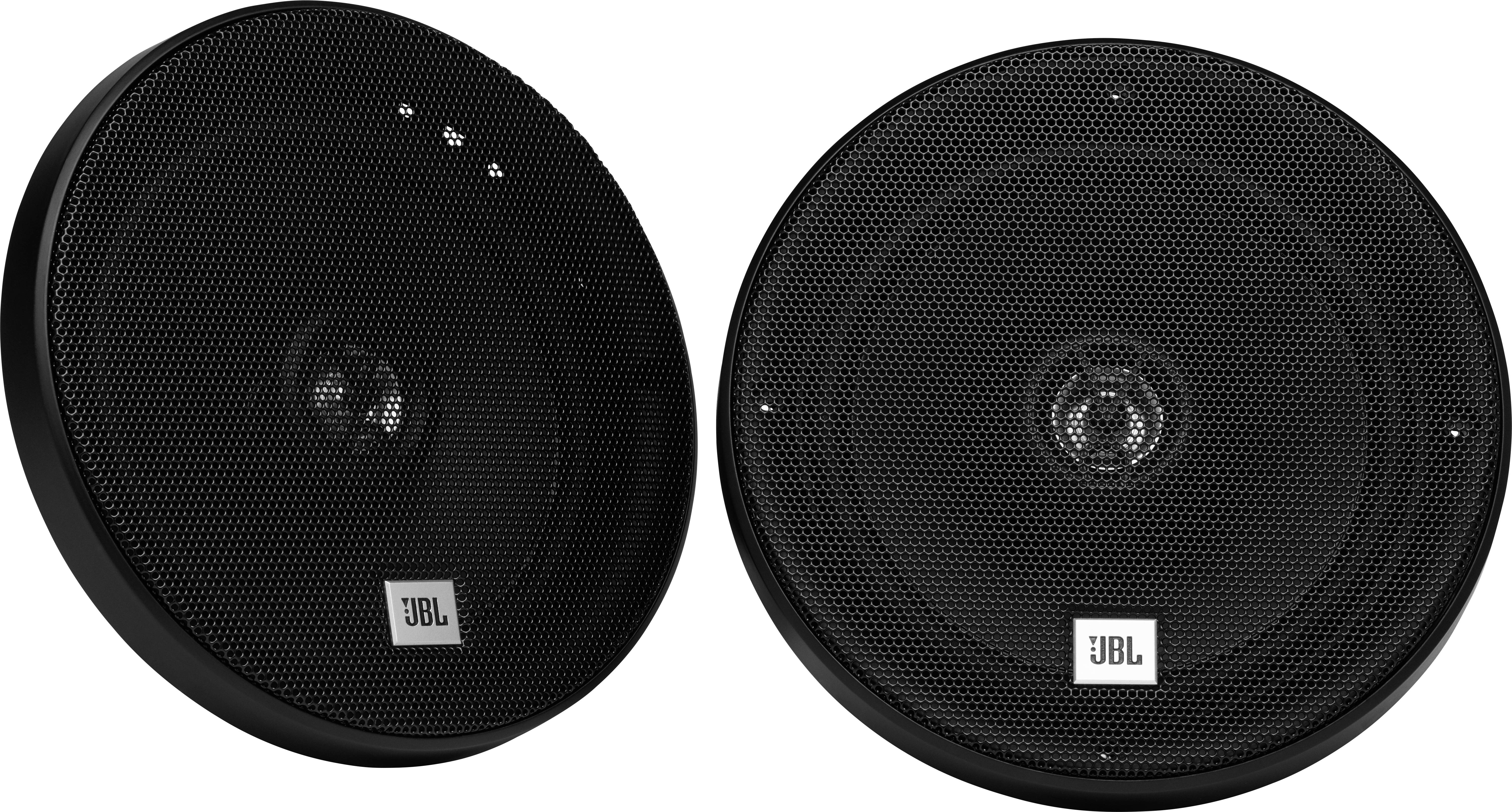 Crni JBL zvučnici okruglog oblika, svaki s crnom rešetkom i bijelim logotipom u sredini rešetke.