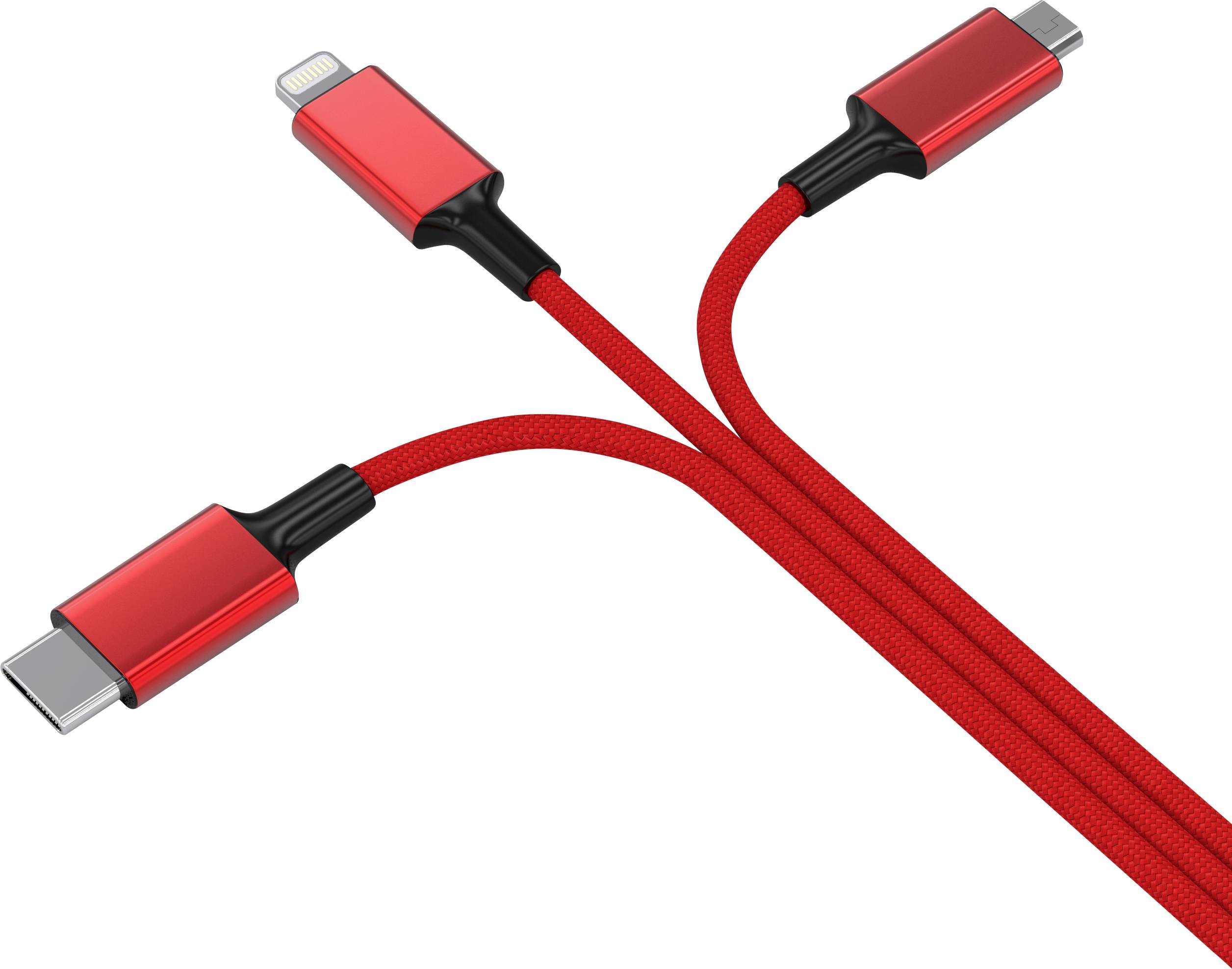 Tri crvena kabela s različitim priključcima: USB-C, Lightning i Micro-USB. Pogodni za više tipova uređaja.