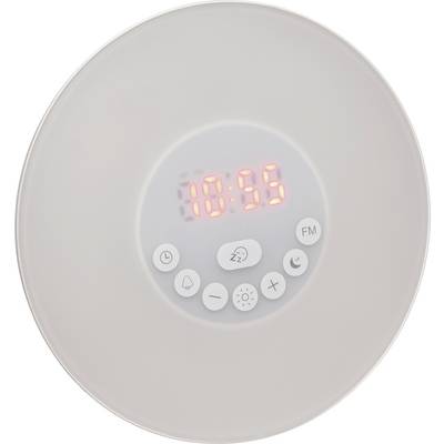 Okrugli digitalni sat s narančastim LED zaslonom, pokazuje '18:55'. Ispod su vidljivi gumbi, uključujući FM i kontrolu osvjetljenja.