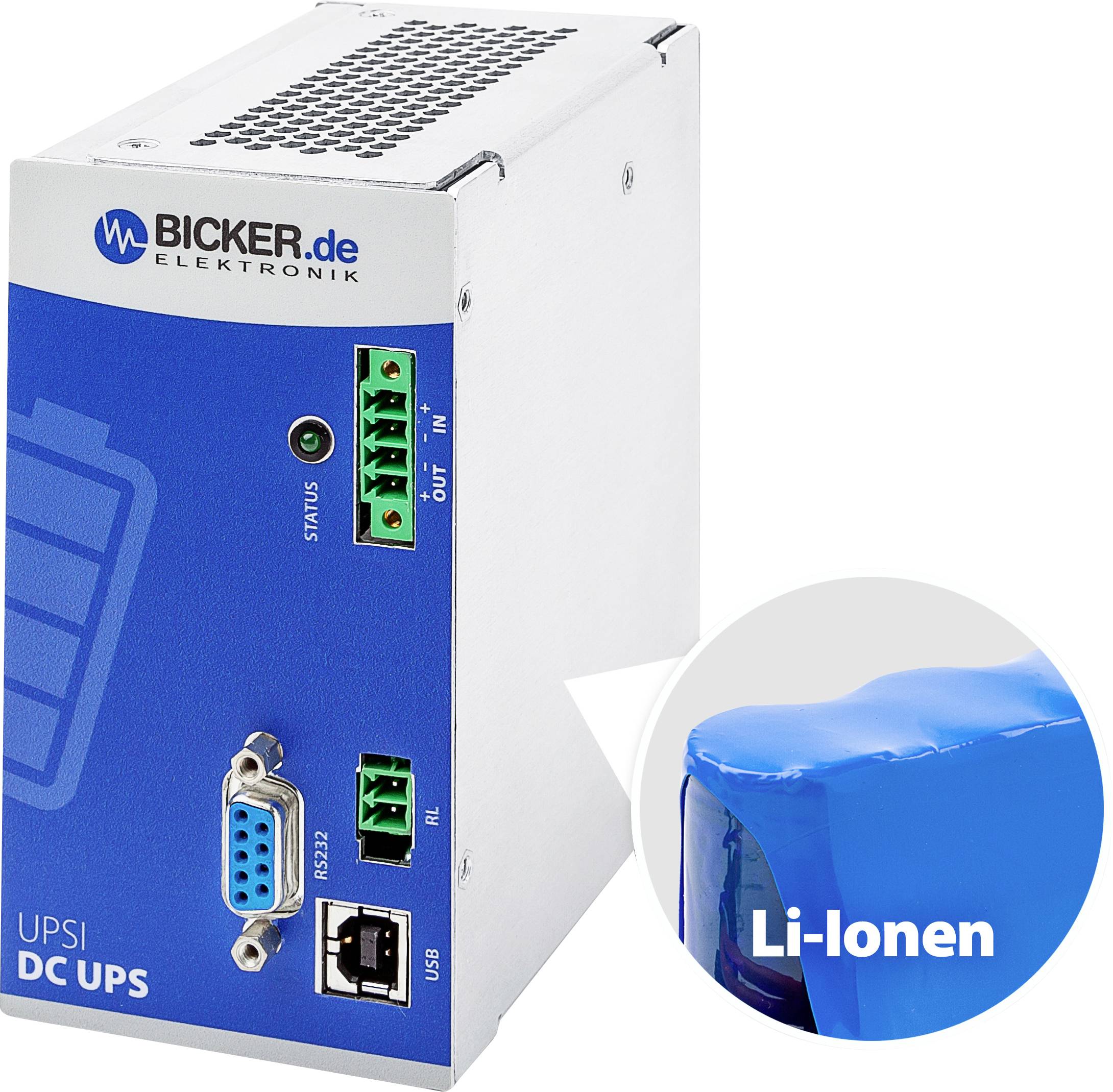 Kućište Bicker Electronics DC-UPS-a, RS232, USB priključak; prikazano je i plavo, cilindrično Li-ionsko baterijski modul.
