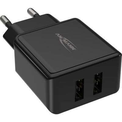Crni USB punjač sa dva USB priključka i EU utikačem.