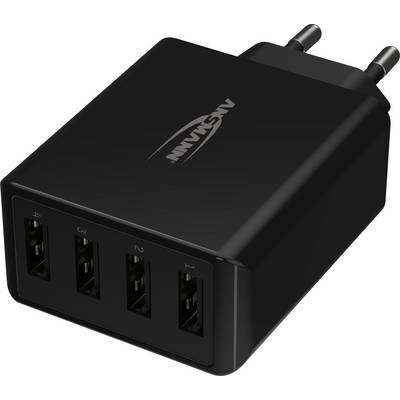 Crni USB punjač s četiri USB priključka i EU utikačem.
