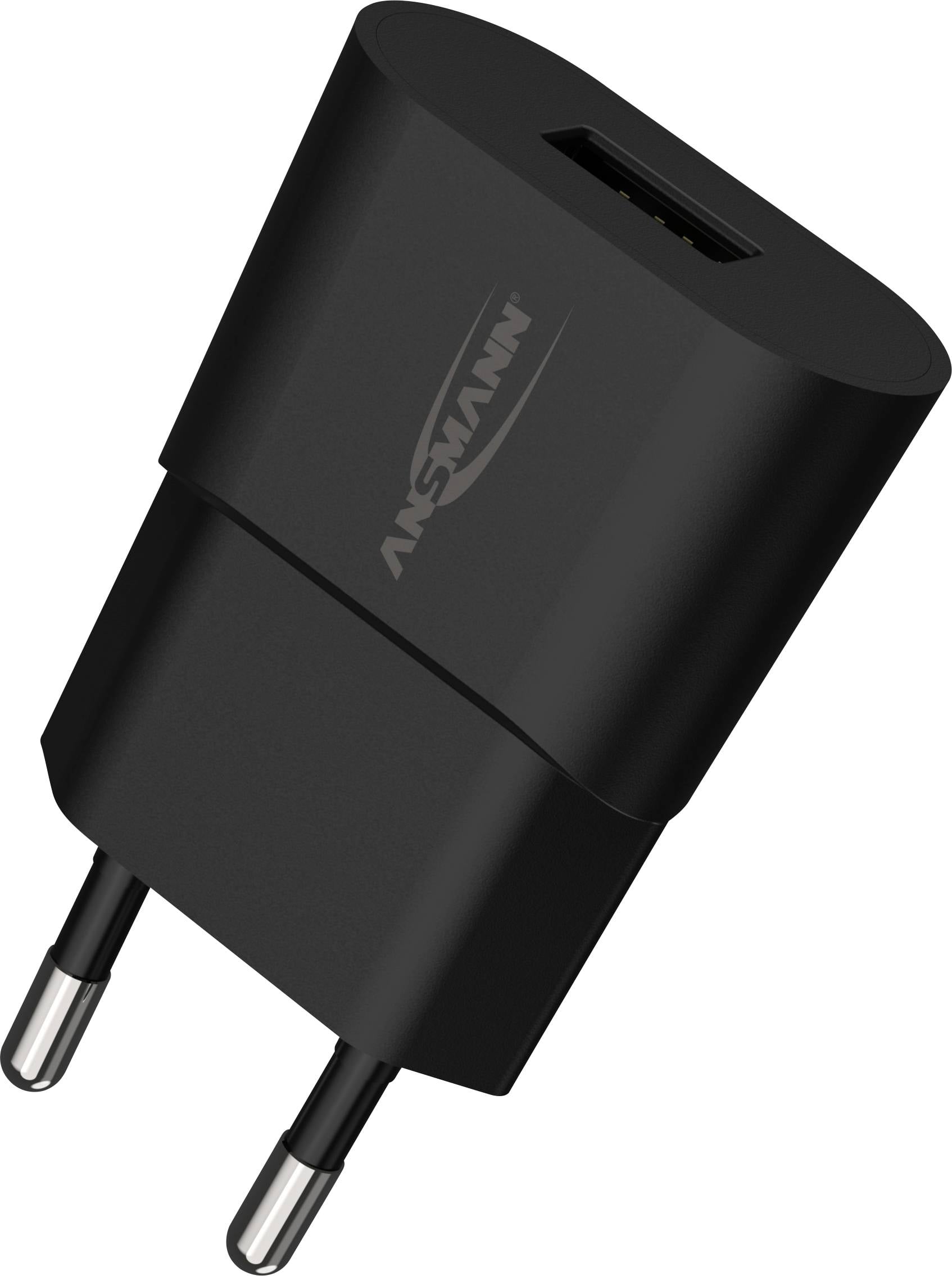 Crni USB punjač s dva Euro utikača, s utisnutom markom.