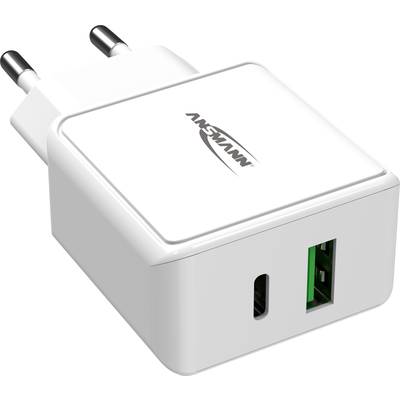 Bijeli USB punjač s dvije utičnice i dva USB priključka: jedan USB-C i jedan USB-A. Naziv marke 'Ansmann' na prednjoj strani.