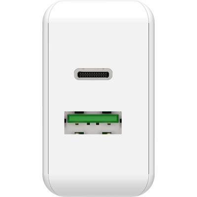 Bijeli punjač s USB-C priključkom na vrhu i USB-A priključkom ispod njega.