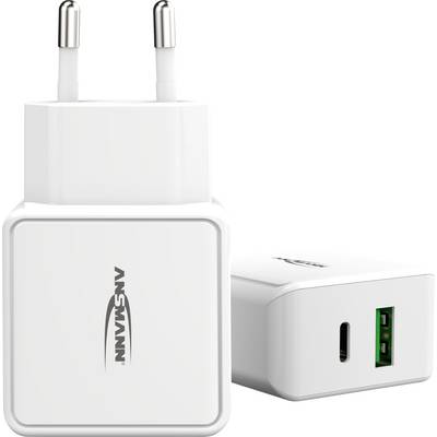 Bijeli USB punjač s dva priključka: jedan USB-A i jedan USB-C priključak. Idealan za punjenje mobilnih uređaja.