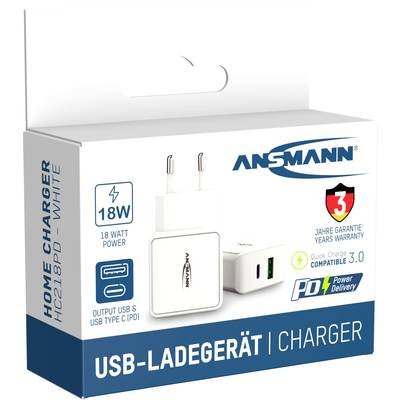 Bijeli USB punjač snage 18 W. Kompatibilan s Quick Charge 3.0 i Power Delivery. 3 godine jamstva.