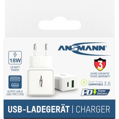USB punjač 18W. Sadrži EU utikač s USB-C i USB-A izlazima. Kompatibilan s Quick Charge 3.0 i Power Delivery tehnologijama.