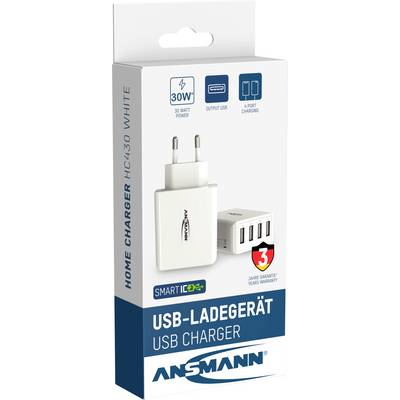 Ambalaža USB punjača marke Ansmann snage 30 wata, s četiri USB priključka i jamstvom od 3 godine.