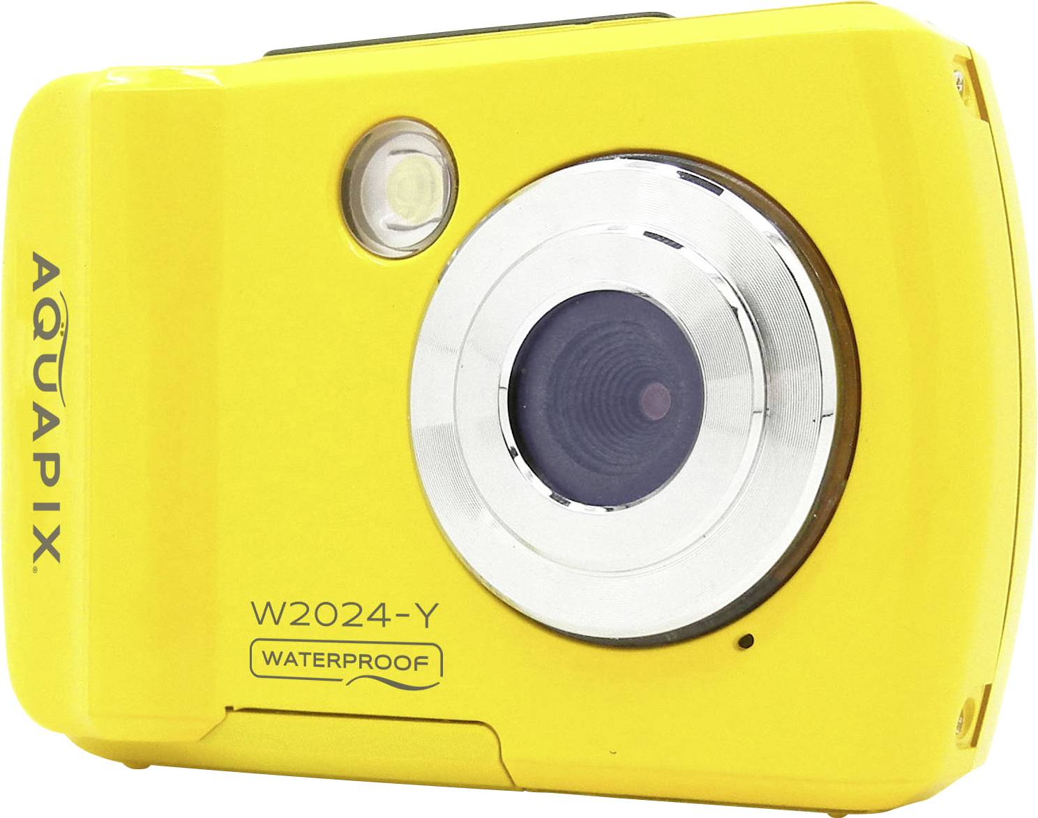 Žuta vodootporna kompaktna kamera s natpisom 'AQUAPIX'. Čvrsta je, prijenosna i pogodna za podvodne snimke.
