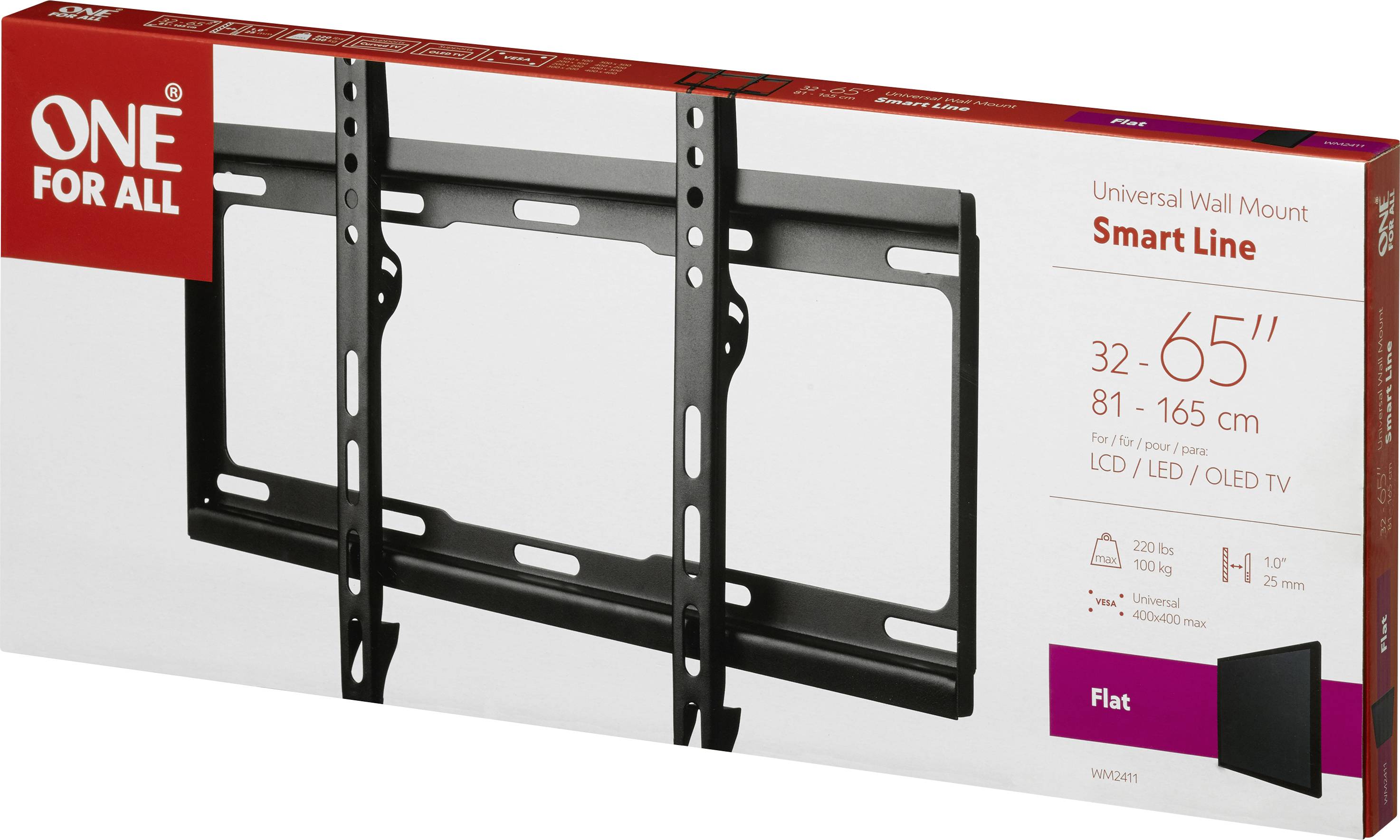 Sveobuhvatni zidni nosač za televizore veličine 32-65 inča, Smart Line. Pogodan za LCD/LED/OLED TV. Nosivost do 120 kg. Dizajn u ravnoj izvedbi.