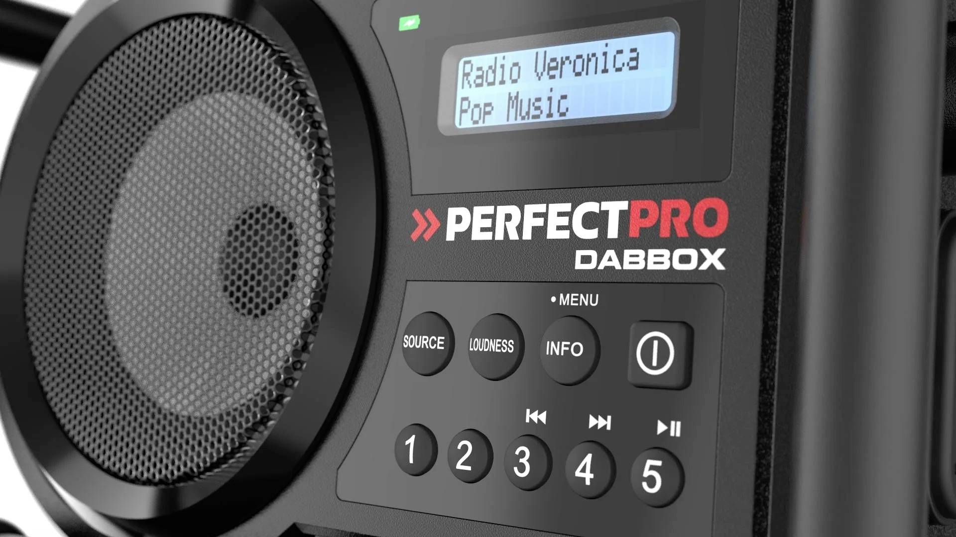 Radio prikazuje 'Radio Veronica' i 'Pop Music' na zaslonu, ispod kojih se nalaze kontrole i zvučnici.