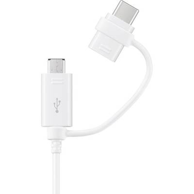 Slika prikazuje bijeli kabel s dva priključka: USB-C i Micro-USB, za kompatibilnost s različitim uređajima.