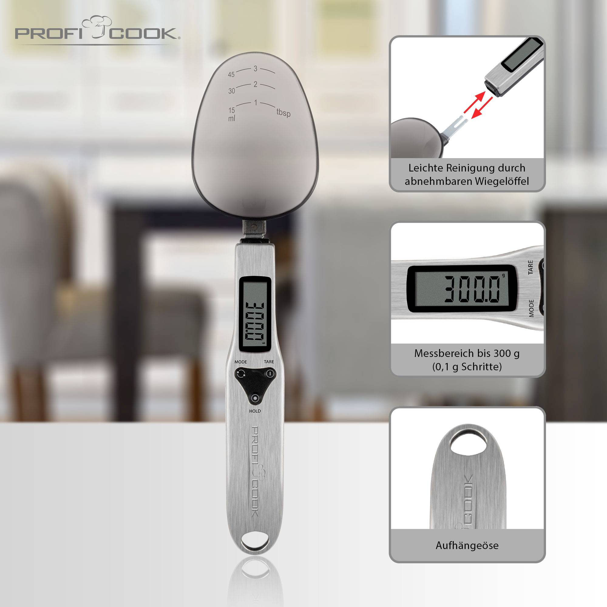 Digitalna vaga za žlice prikazuje '300,0 g' na digitalnom zaslonu. Funkcije: Uključivanje/isključivanje, promjena načina rada, postavljanje na nulu. Pogodna za precizno vaganje.