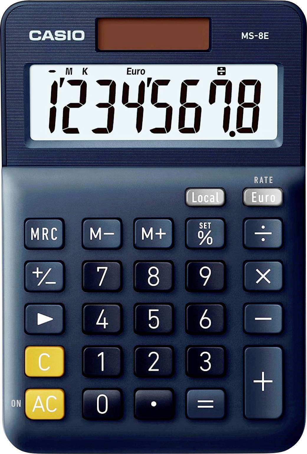 Elektronički džepni kalkulator marke Casio, model MS-8E. Veliko digitalno zaslon prikazuje znamenke '12345678'.