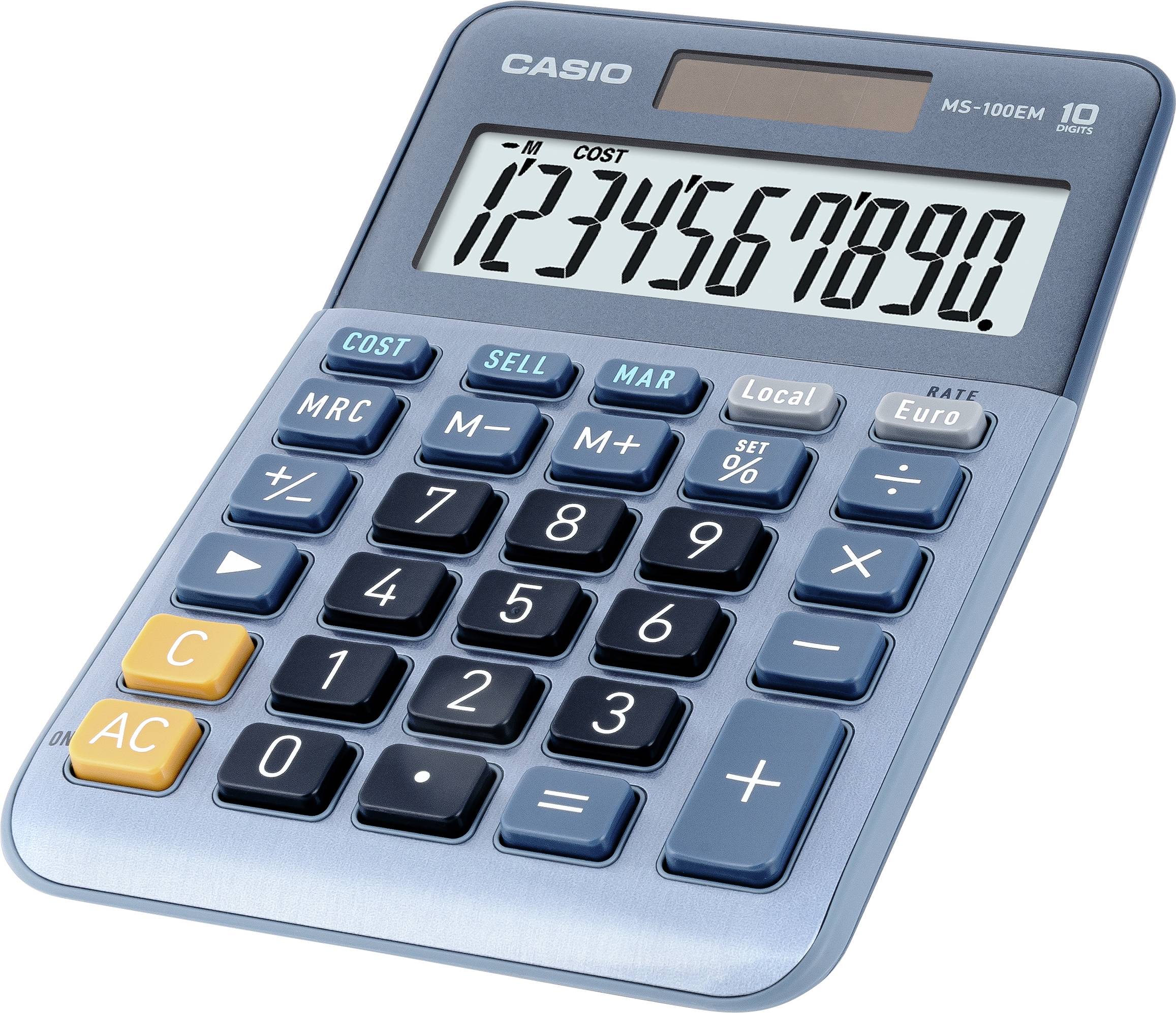 Plavi kalkulator marke Casio, model MS-100EM, prikazuje brojeve '1234567890' na zaslonu.
