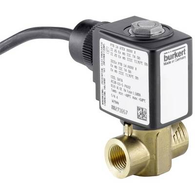 Elektromagnetski ventil s mjed̑enim kućištem i električnim priključkom. Oznaka 'Bürkert Made in Germany.'