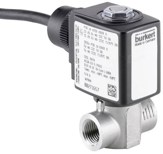 Elektromagnetski ventil s metalnim kućištem i natpisom 'bürkert Made in Germany', pogodan za industrijske primjene.