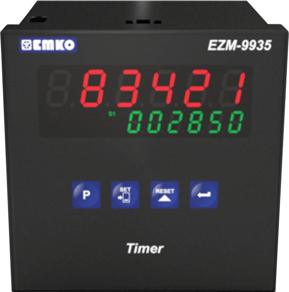 Digitalni timer s crvenim prikazom '83421' i zelenim prikazom '002850'. Tipke za 'P', 'SET' i 'RESET' dolje.