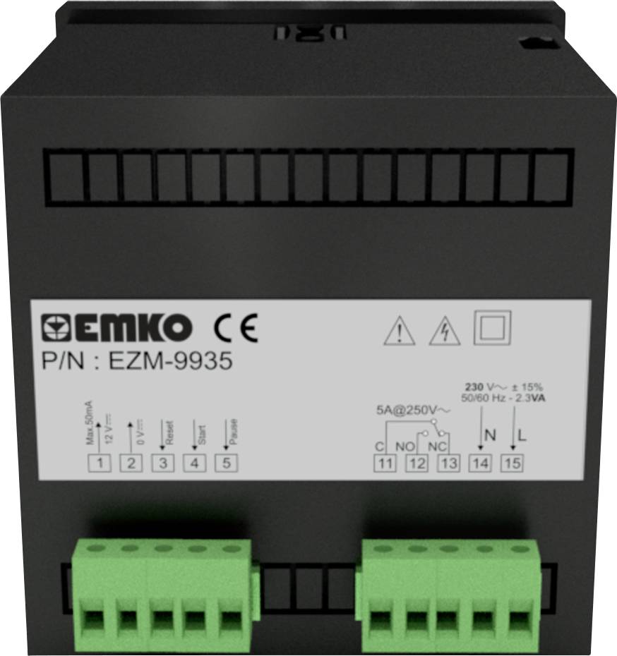 Crna električna jedinica za stezanje tvrtke Emko sa zelenim priključcima. Model 'EZM-9935', napon '230 V', na bijeloj naljepnici.