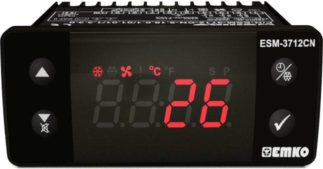 Elektronički temperaturni regulator ESM-3712CN s digitalnim prikazom temperature od 26 stupnjeva Celzijusa, tipkama za prikaz i upravljanje, simbolima za hlađenje i ventilaciju.