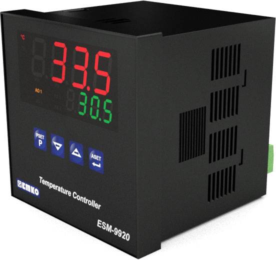 Temperaturni regulator ESM-9920 s digitalnim prikazom. Prikazuje 33,5°C i 30,5°C. Tipke za postavke i navigaciju nalaze se na prednjoj strani.