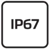 Znak 'IP67' na crnoj pozadini koji označava uređaj otporan na vodu i prašinu.