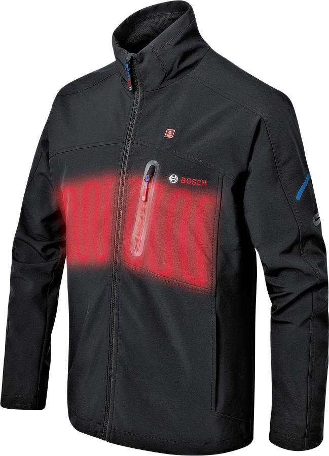 Crna električna grijana jakna s crvenim toplinskim područjem. Bosch logo na prsnom džepu. Podesna za hladne vremenske uvjete.