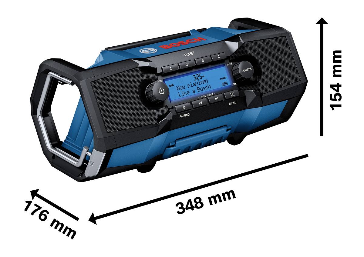 Prijenosni DAB+ radio u plavo-crnoj boji s LCD zaslonom i zvučnicima. Dimenzije: 348 mm širine, 176 mm dubine, 154 mm visine.
