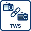 Dva radio simbola povezana su lanenim članom, ispod kojih se nalaze slova 'TWS' u plavom kvadratnom okviru.
