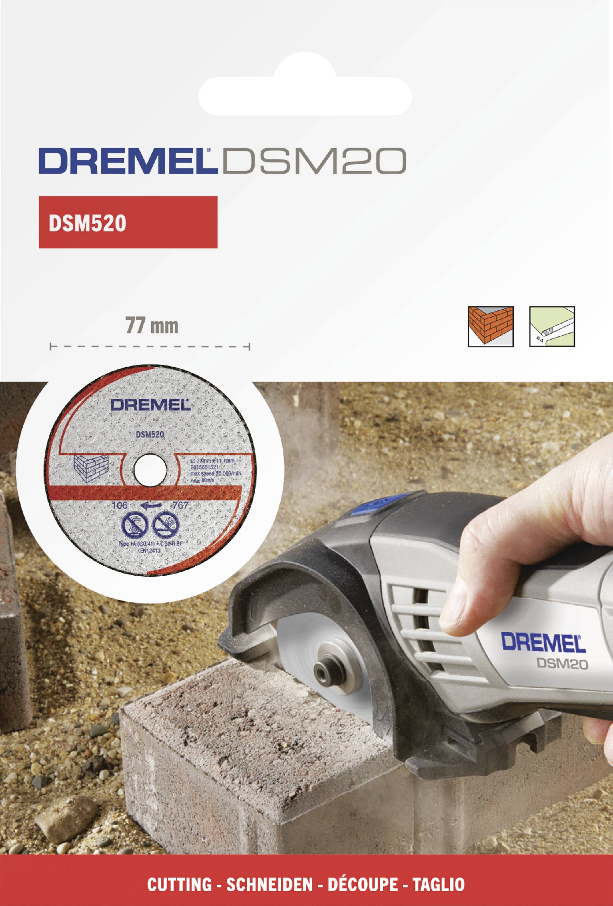 'Pakiranja Dremel DSM520 s prikazom alata koji reže opeku. Prikazuje brusni disk i tehnički simbol.'