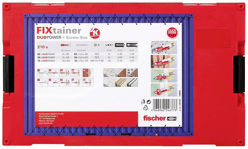 Crvena plastična kutija s natpisom 'FIXtainer DUOPOWER + Kutija za vijke 210x'. Prikazuje različite vijčane tiple i upute za upotrebu.