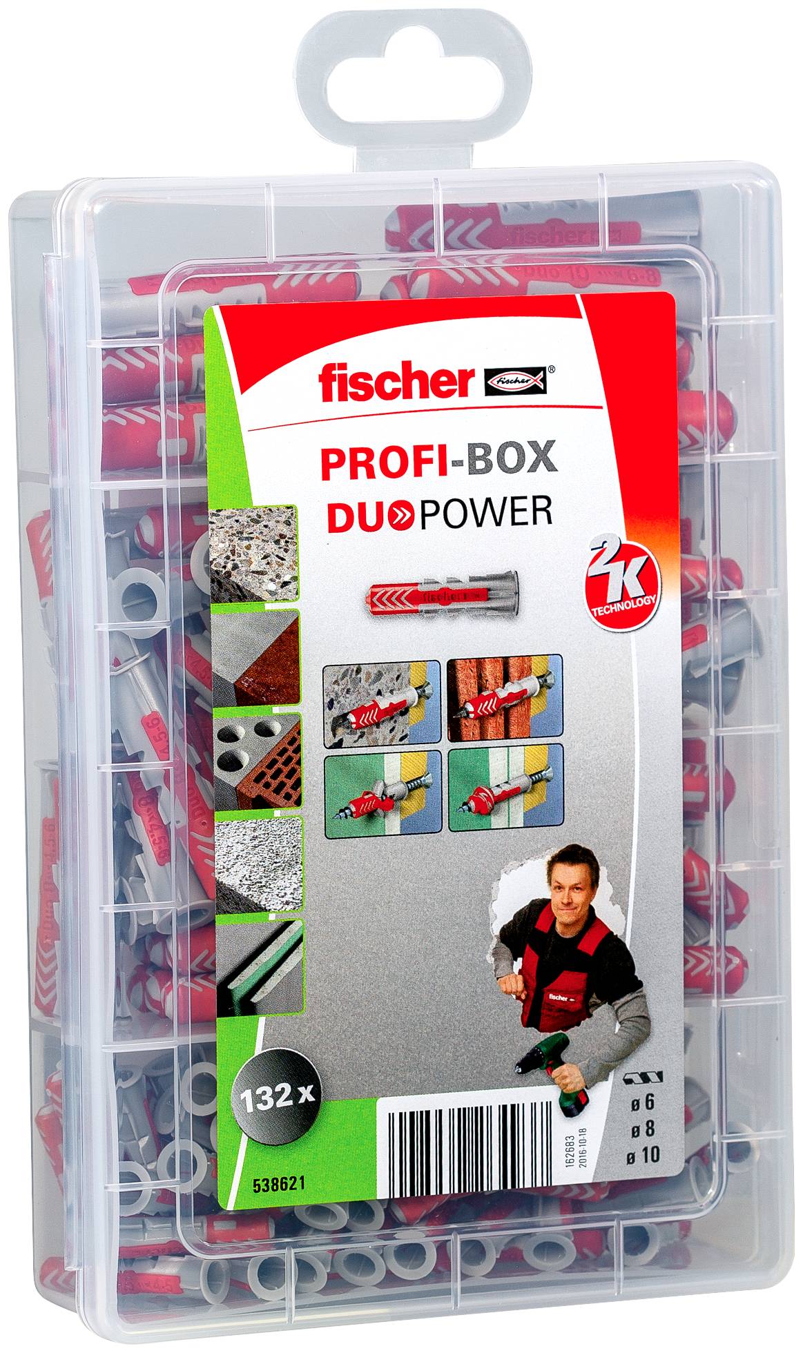 Plastična kutija za pohranu Fischer 'PROFI-BOX DUOPOWER' sa dubelima za zid i vijcima sa naljepnicom proizvoda i ručkom