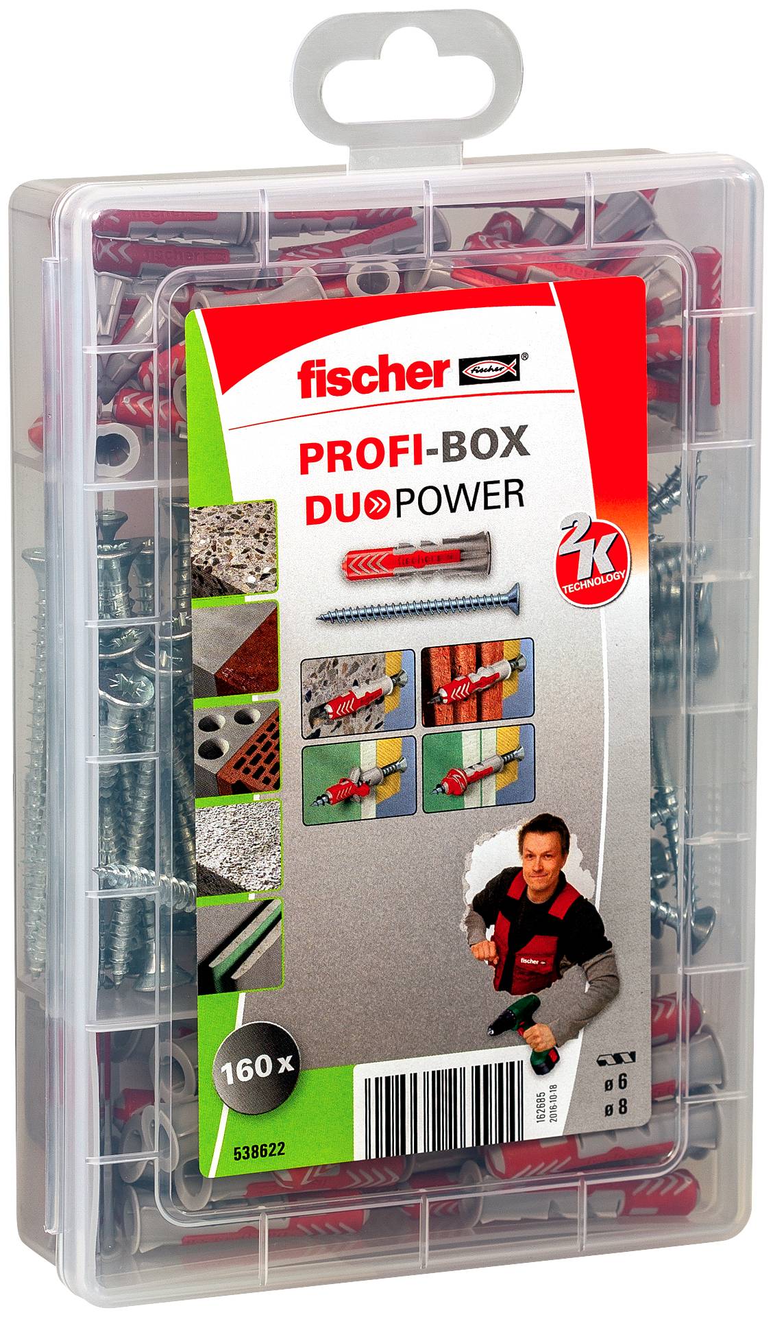 Prozirna plastična kutija koja sadrži Fischer PROFI-BOX DUOPOWER asortiman zidnih čepova i vijaka, s naljepnicom proizvoda koja pokazuje 160 komada.