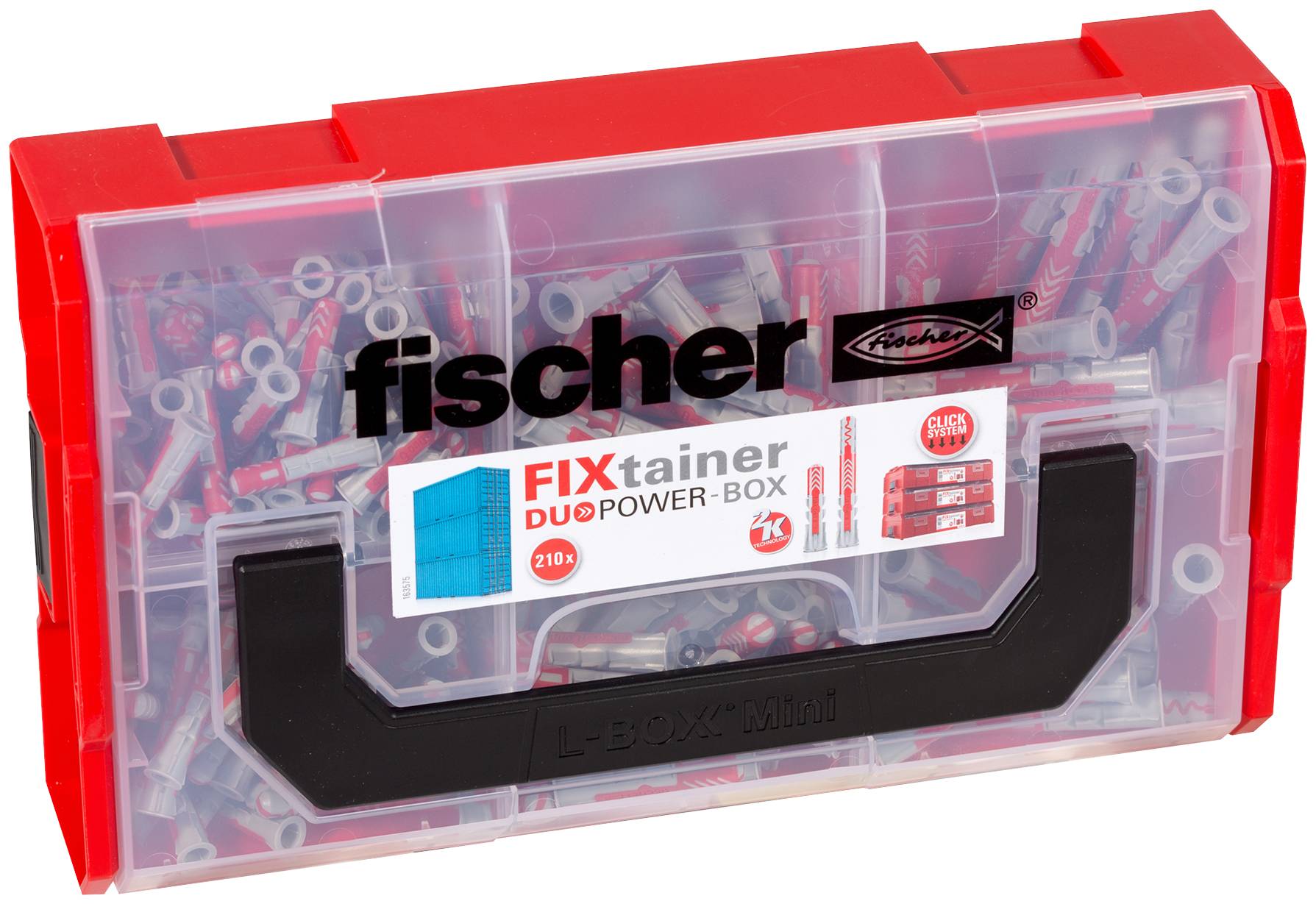 Crvena plastična kutija za skladištenje ispunjena raznolikim zidnim čepovima i vijcima, označena s 'fischer' i 'FIXtainer DUOPOWER-BOX'.