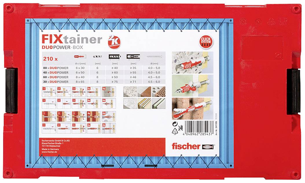 Rote kutija 'FIXtainer DUOPOWER' od Fischera sa 210 tipli, ilustracijama za primjenu i simbolima za kompatibilnost materijala.