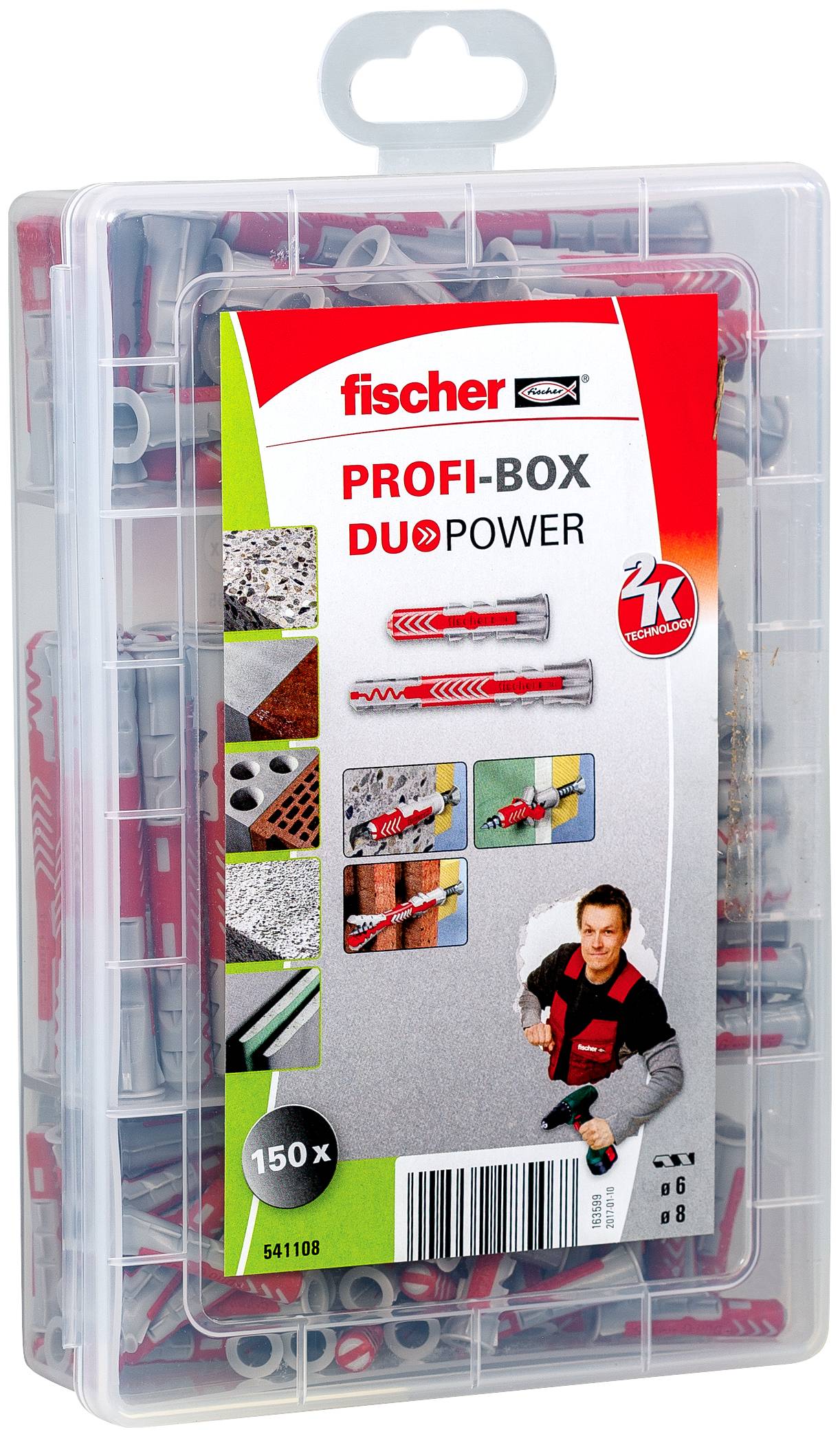 Prozirna plastična kutija fischer PROFI-BOX DUOPOWER setova zidnih dybela, označena s '150x', sa uključenim slikama bušilice/sidra i radnika koji drži bušilicu.