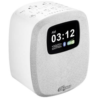 Bijeli digitalni radio s zaslonom. Prikazuje vrijeme '03:12 AM'. Podržava Bluetooth i DAB+. Gore su upravljačke tipke.