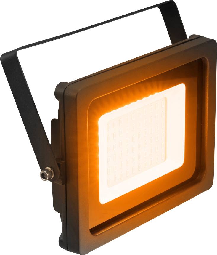 Kvadratni LED reflektor s crnim okvirom koji emitira narančastu svjetlost, pogodan za vanjsku rasvjetu.