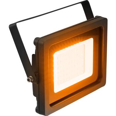 Kvadratni LED reflektor s crnim okvirom koji emitira narančastu svjetlost, pogodan za vanjsku rasvjetu.