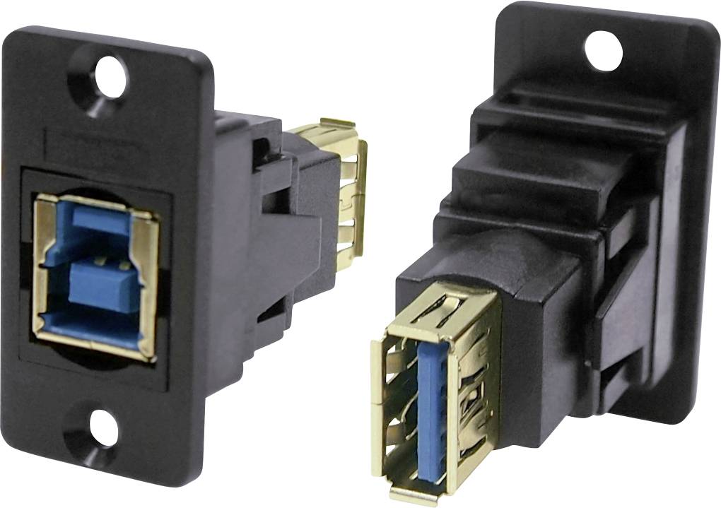 Dva USB konektora u crnoj i zlatnoj boji. Jedan prikazuje prednju stranu, drugi stražnju stranu. Podobni su za montažu na zid.