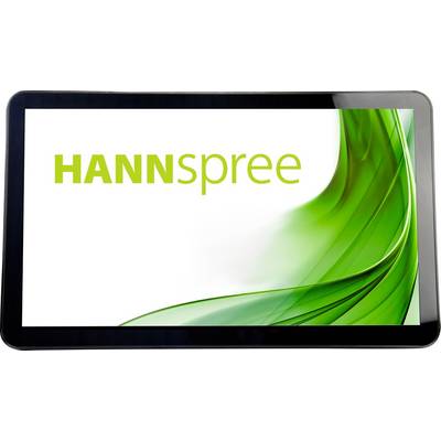 Zaslon s logotipom 'HANNspree' na bijeloj pozadini i zelenim apstraktnim oblicima na desnoj strani.
